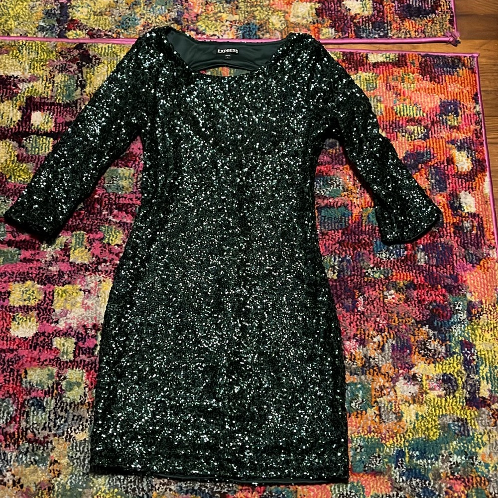 Gorgeous Express deep green sequin dress. Holiday dress. Size 2.